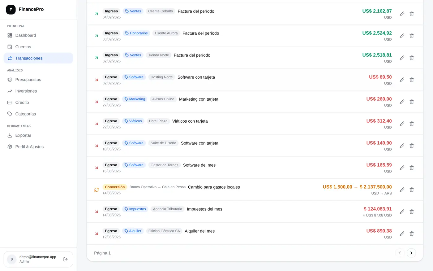 El listado de movimientos, con una conversión entre monedas mostrando los dos lados