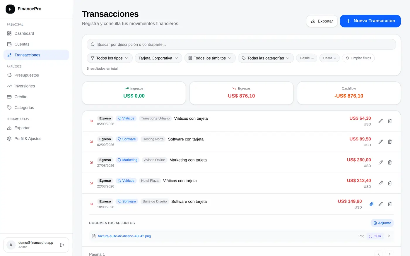 Una cuenta por dentro: sus movimientos del período y un comprobante adjunto