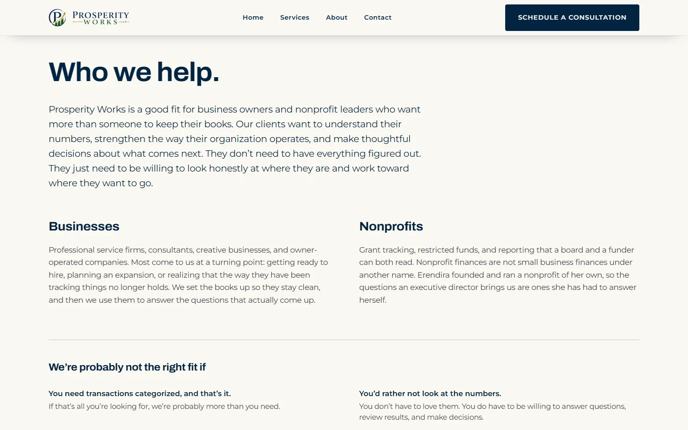 Who we help: dos columnas de igual peso, empresas y organizaciones sin fines de lucro