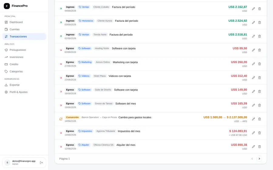 El listado de movimientos, con una conversión entre monedas mostrando los dos lados