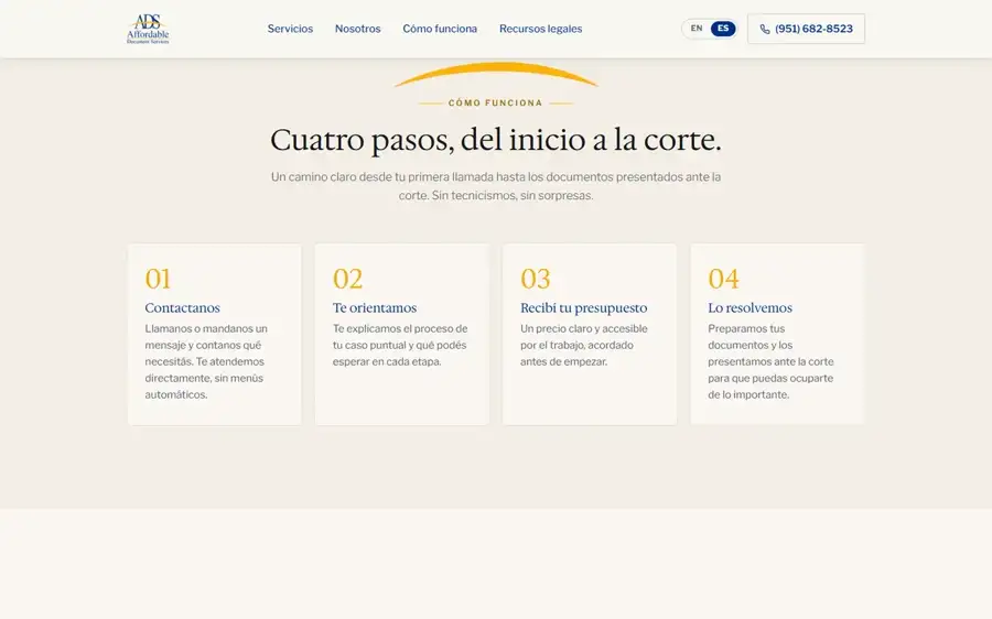 Una sección de un sitio de servicios legales