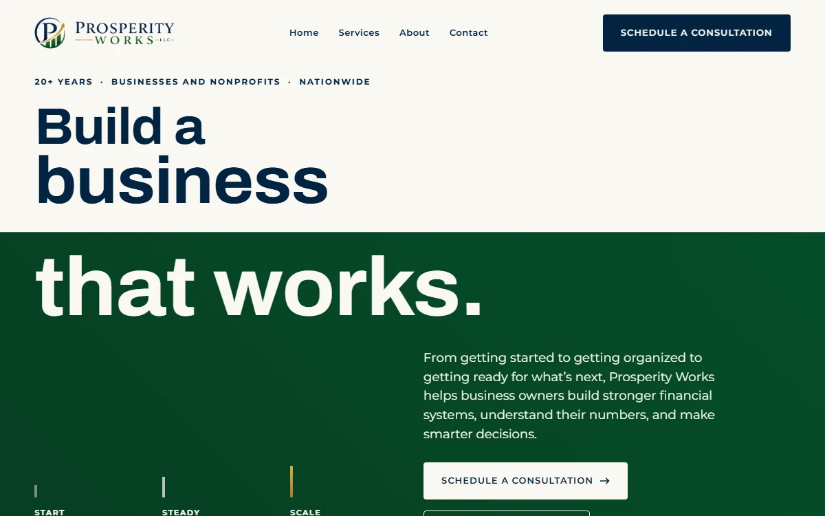 Portada de Prosperity Works, con el titular partido entre el bloque crema y el campo verde